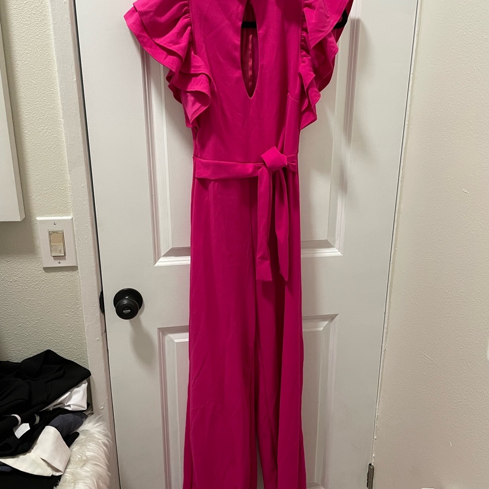 Fashion Nova Fuchsia Jumpsuit with Ruffle Sleeves